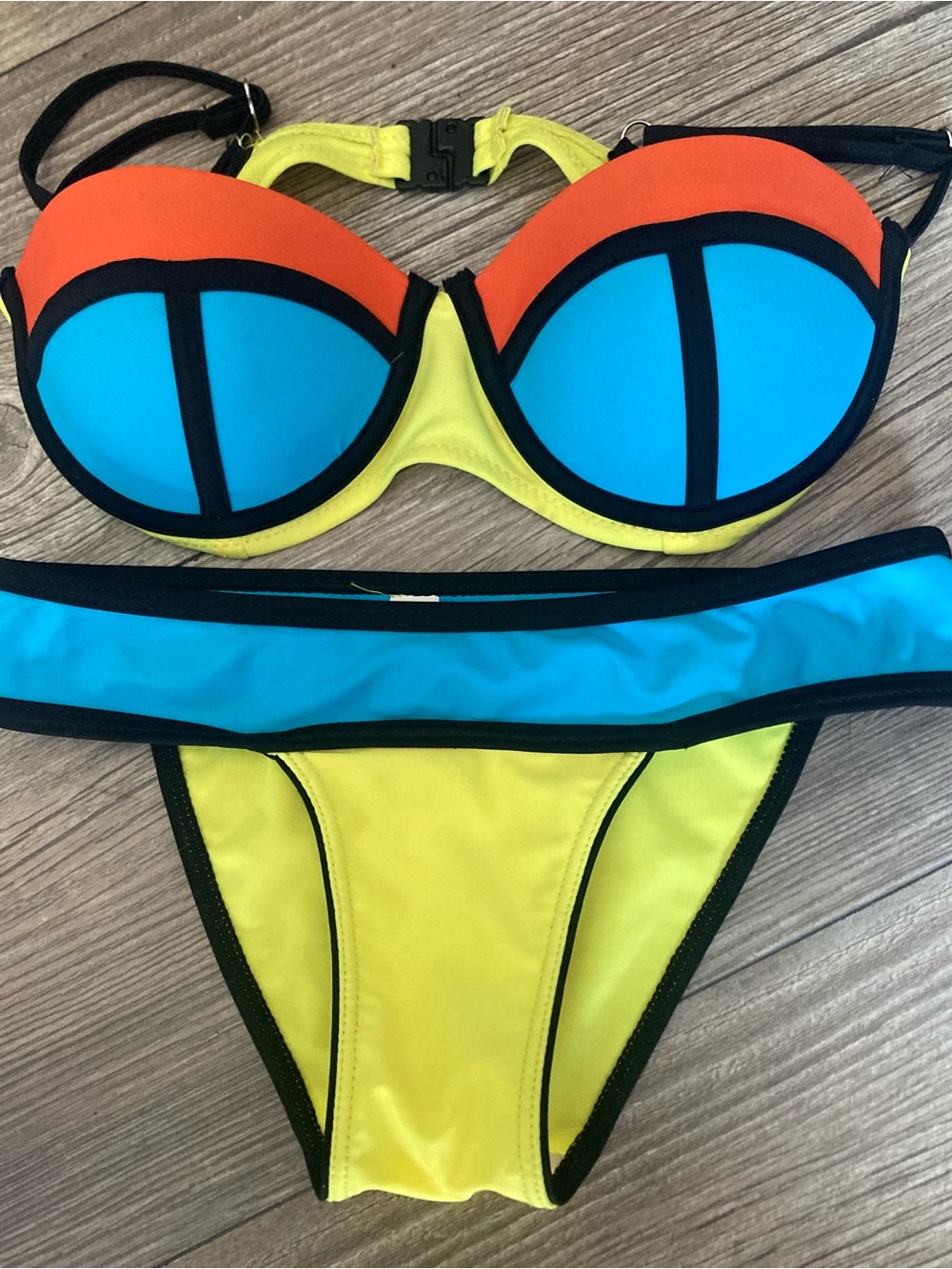 TRIANGL Neon Colorblock Neoprene Bikini Set Blue Orange Yellow Size S